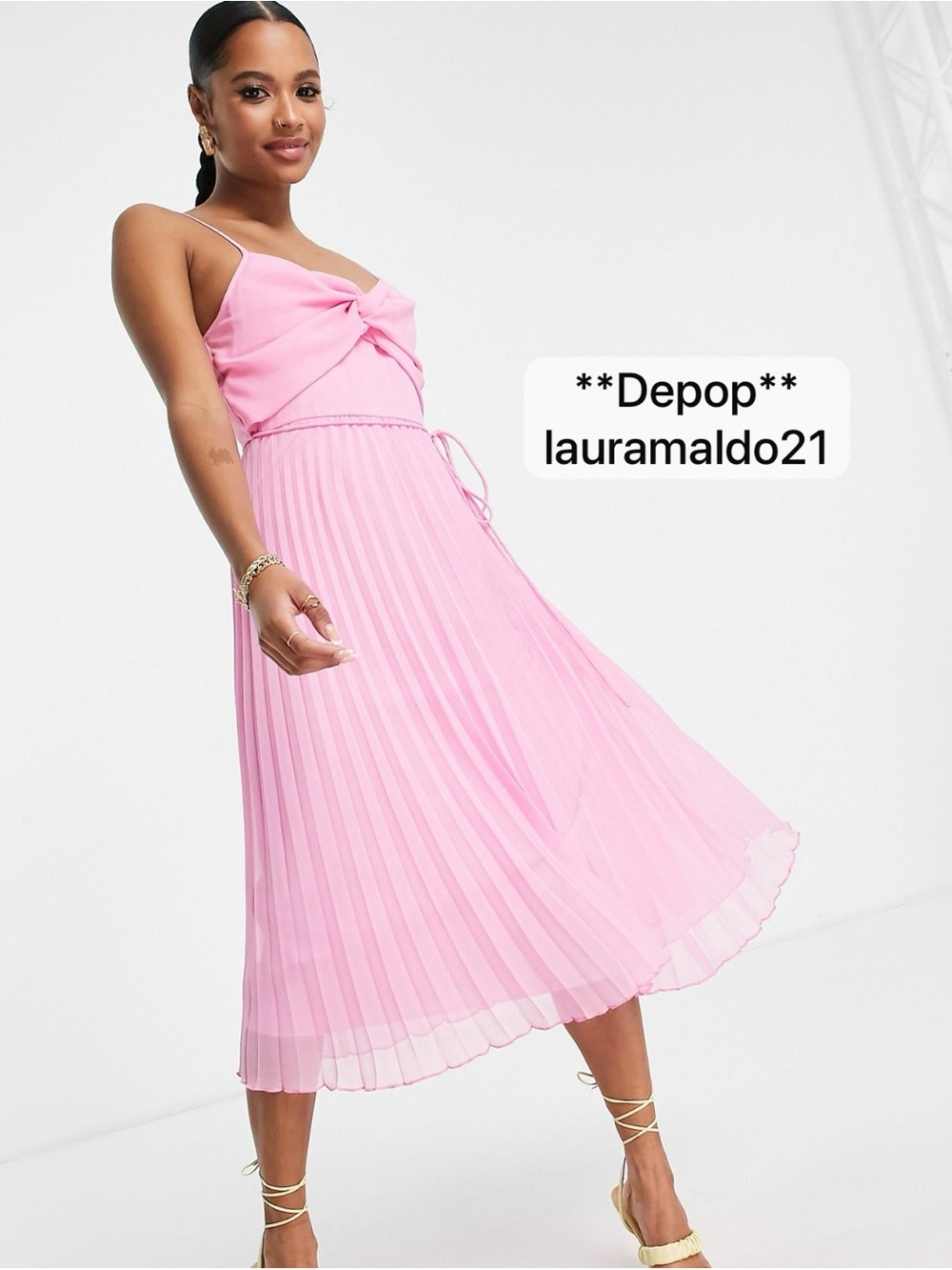 ASOS Petite Pink Twist-Front Pleated Midi Dress